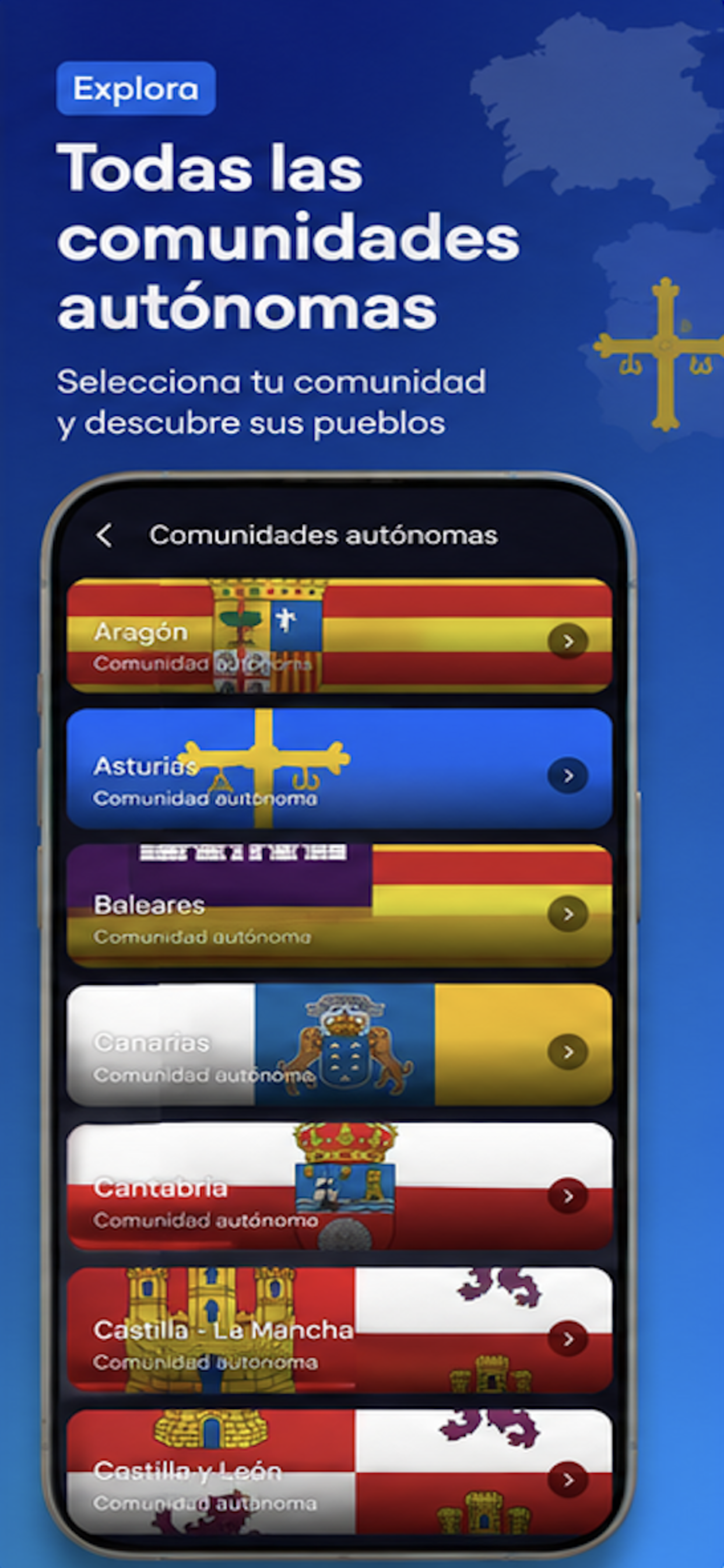 Captura de pantalla de la app QuizPueblos mostrando el listado de comunidades autónomas de España con sus banderas