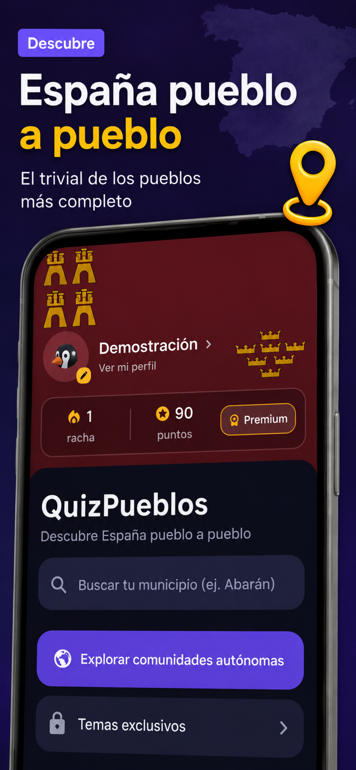 Captura de pantalla de la app QuizPueblos mostrando la pantalla principal con el pueblo del día y el buscador de municipios